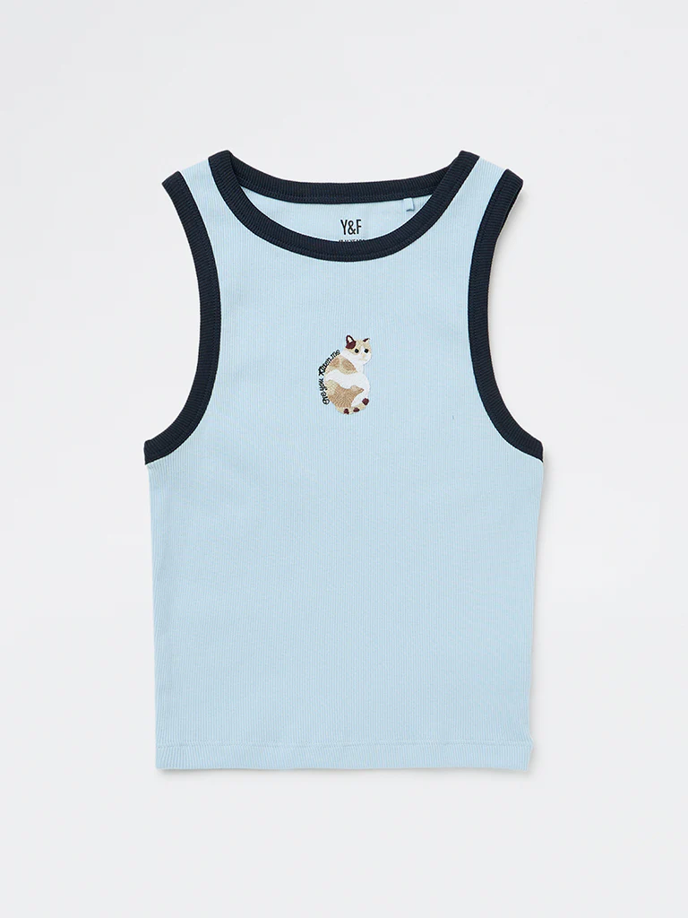 Y&F Kids Girls Light Blue Cat Embroidered Cotton-Blend Top - Image 4