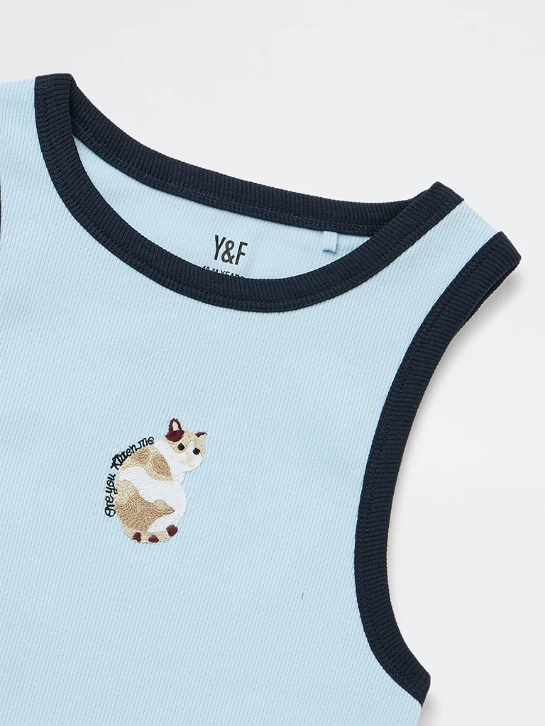 Y&F Kids Girls Light Blue Cat Embroidered Cotton-Blend Top - Image 6