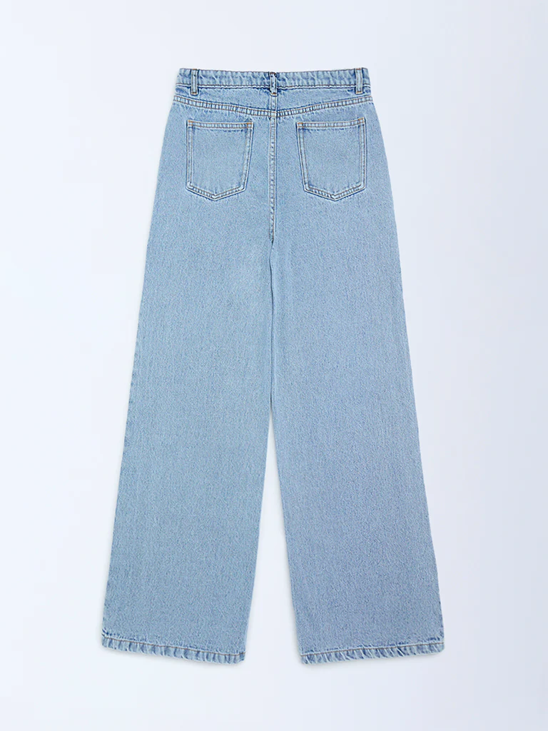 Y&F Kids Girls Light Blue Embroidery Relaxed-Fit High-Rise Jeans - Image 2