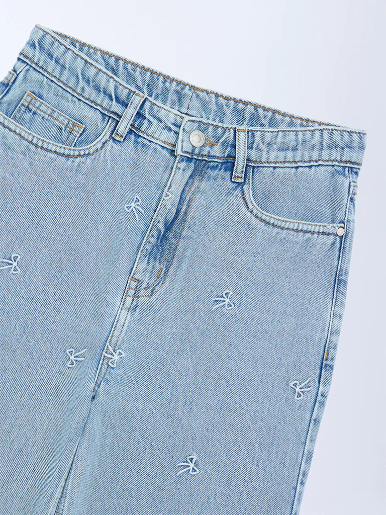 Y&F Kids Girls Light Blue Embroidery Relaxed-Fit High-Rise Jeans - Image 3