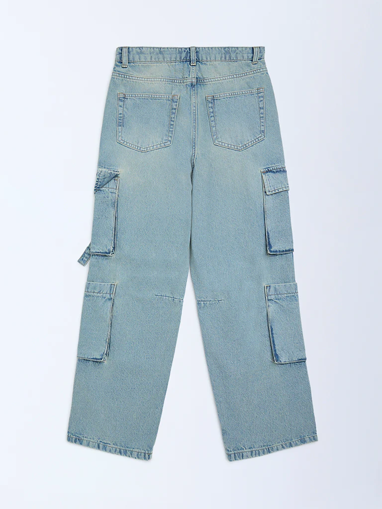 Y&F Kids Girls Light Blue Faded Relaxed-Fit High-Rise Jeans - Image 2