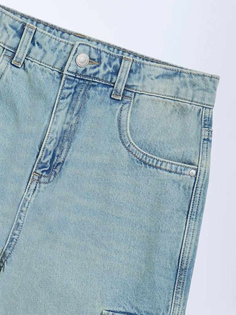 Y&F Kids Girls Light Blue Faded Relaxed-Fit High-Rise Jeans - Image 3