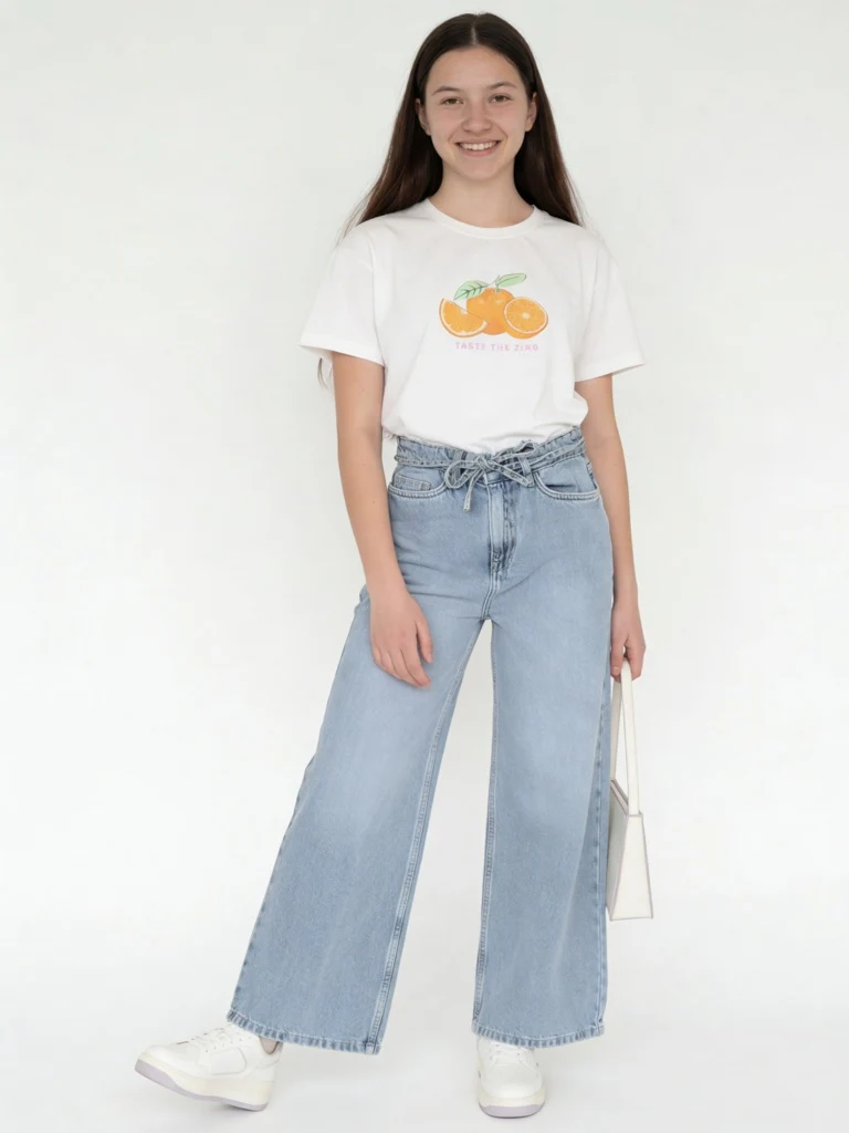 Y&F Kids Girls Light Blue High-Rise Relaxed-Fit Belt-Detailed Jeans