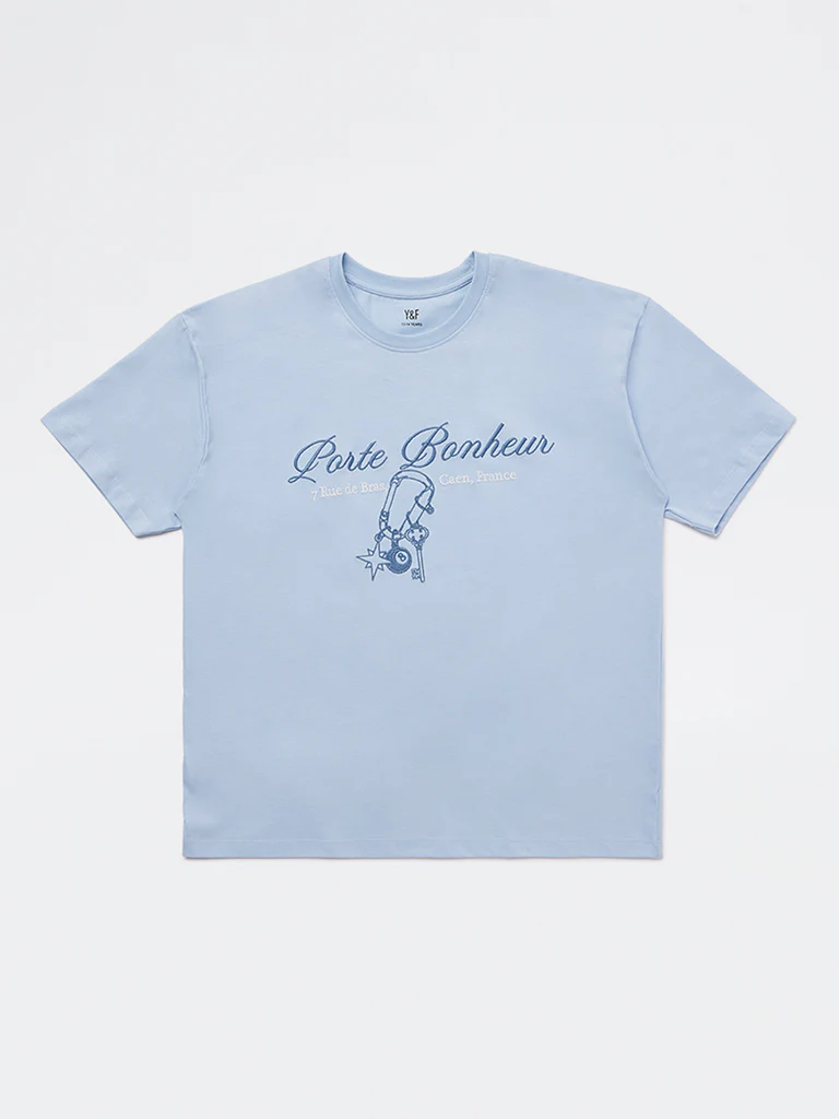 Y&F Kids Girls Light Blue Printed Cotton T-Shirt