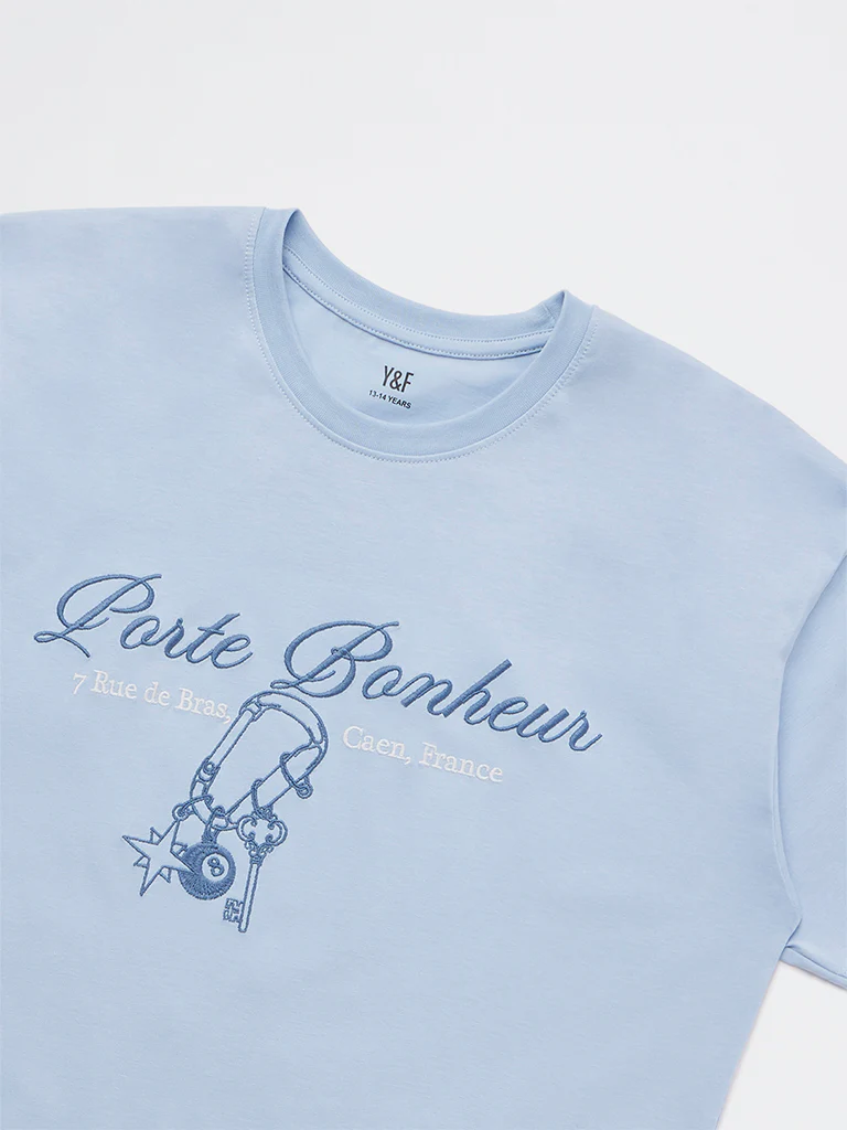 Y&F Kids Girls Light Blue Printed Cotton T-Shirt - Image 4