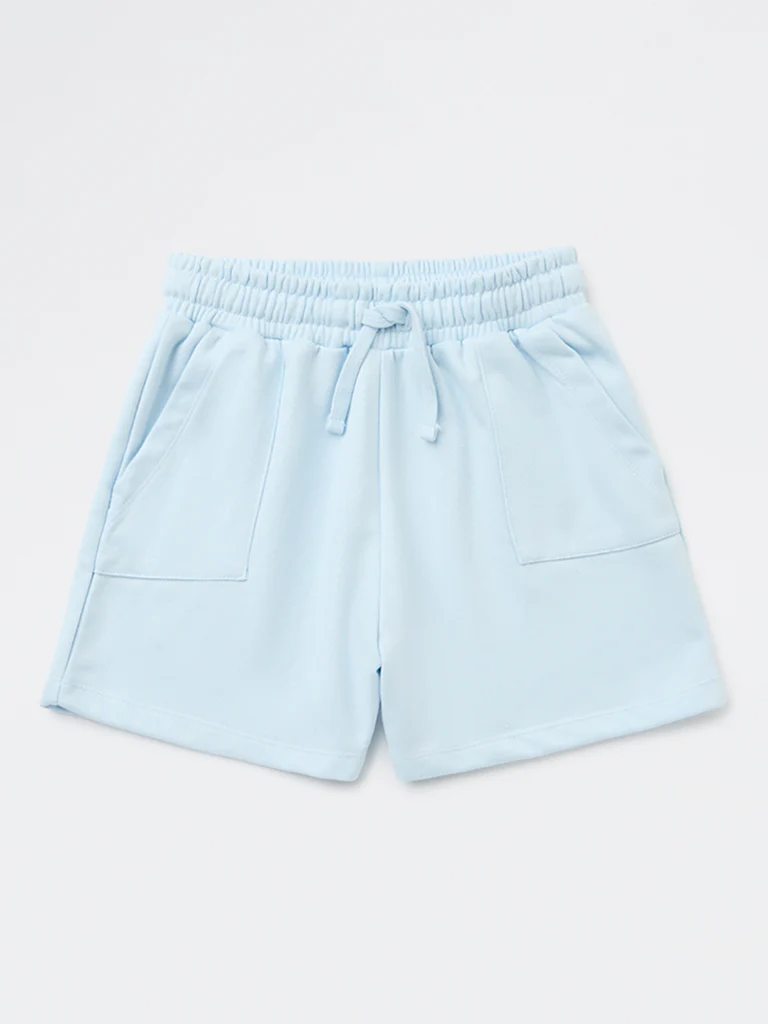 Y&F Kids Girls Light Blue Solid High-Rise Cotton-Blend Shorts - Image 4