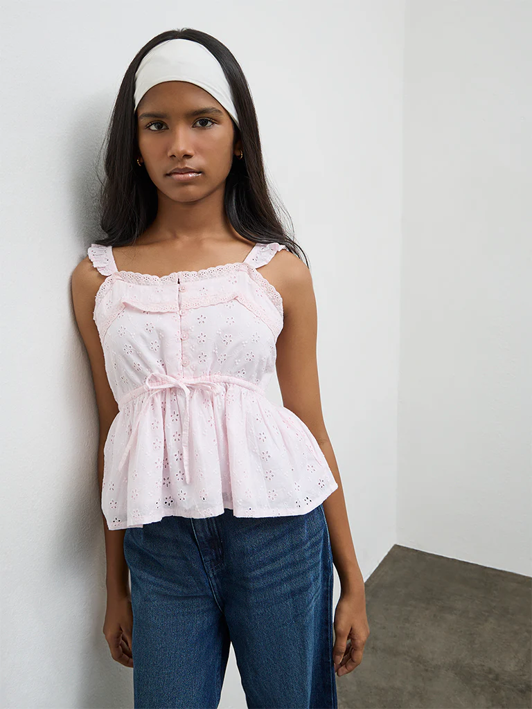Y&F Kids Girls Light Pink Schiffli Embroidered Cotton Top