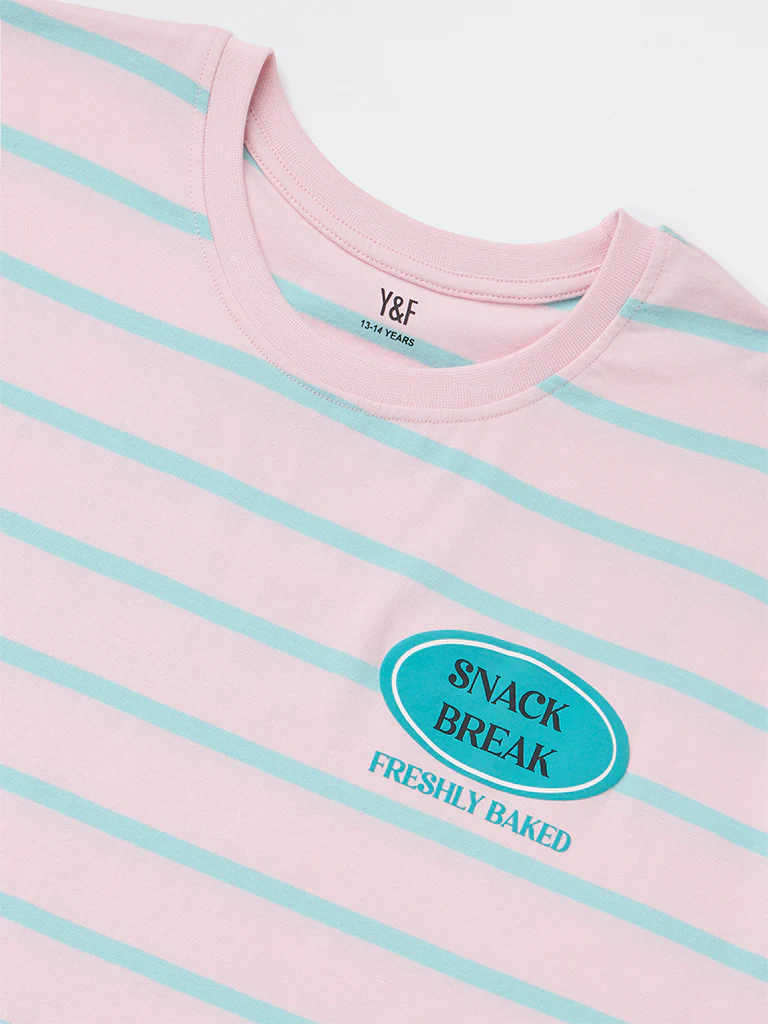 Y&F Kids Girls Light Pink Striped Cotton T-Shirt - Image 4