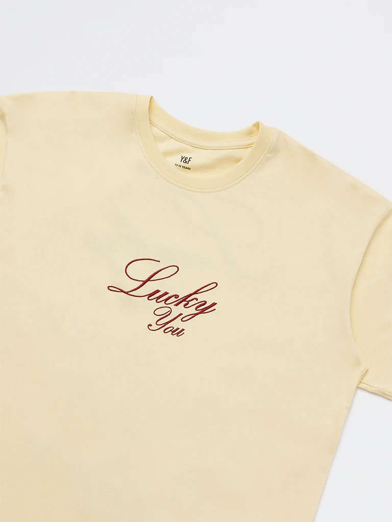 Y&F Kids Girls Light Yellow Graphic Design Cotton T-Shirt - Image 4