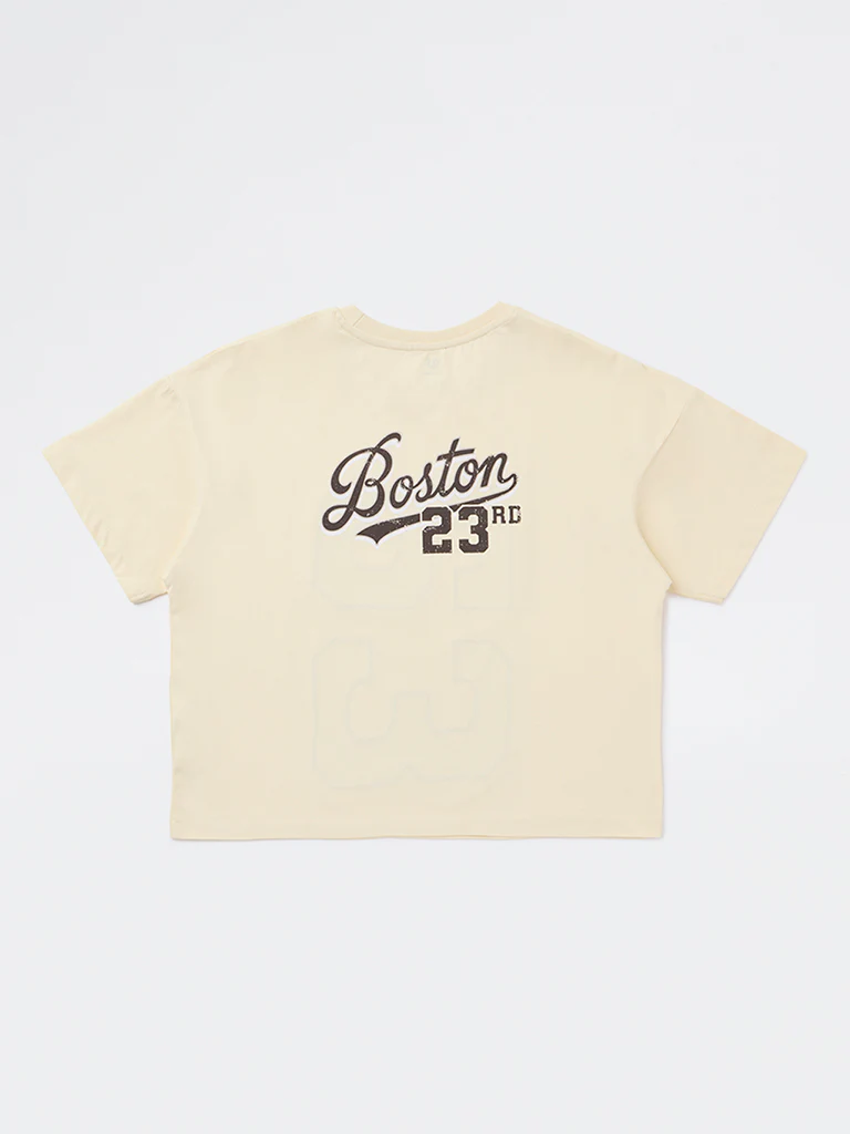 Y&F Kids Girls Light Yellow Text Design Cotton T-Shirt - Image 3