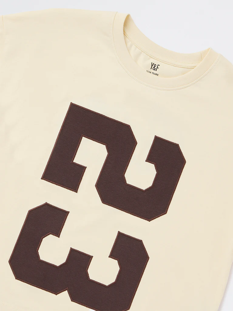 Y&F Kids Girls Light Yellow Text Design Cotton T-Shirt - Image 4