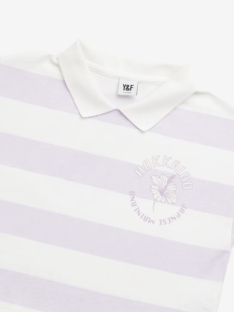Y&F Kids Girls Lilac Stripes Printed Polo Crop Cotton T-Shirt - Image 4