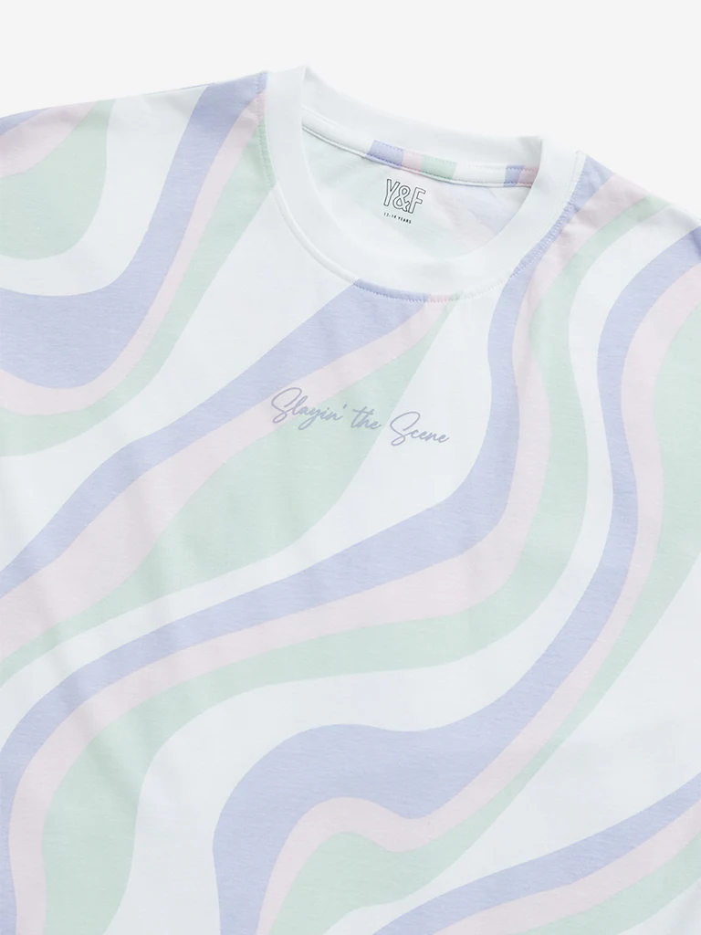 Y&F Kids Girls Multicolour Wave Design Cotton T-Shirt - Image 4