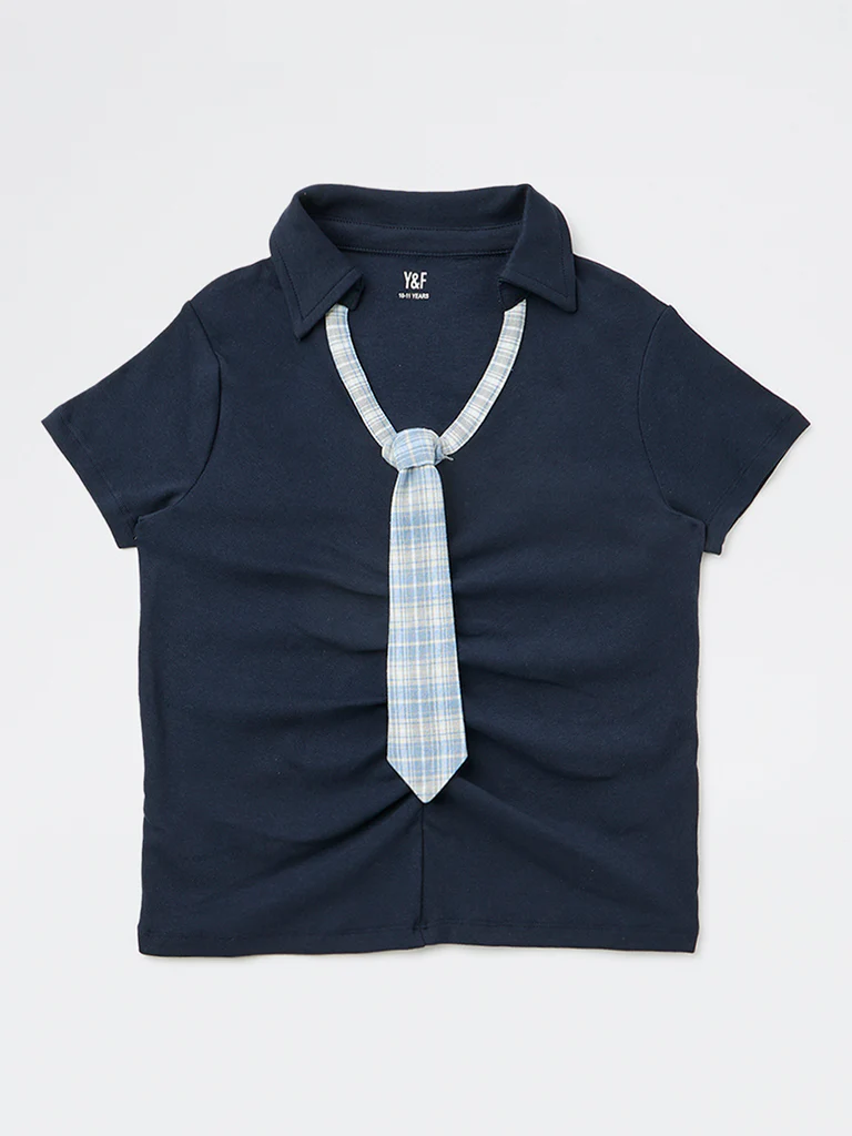 Y&F Kids Girls Navy Cotton-Blend T-Shirt with Tie