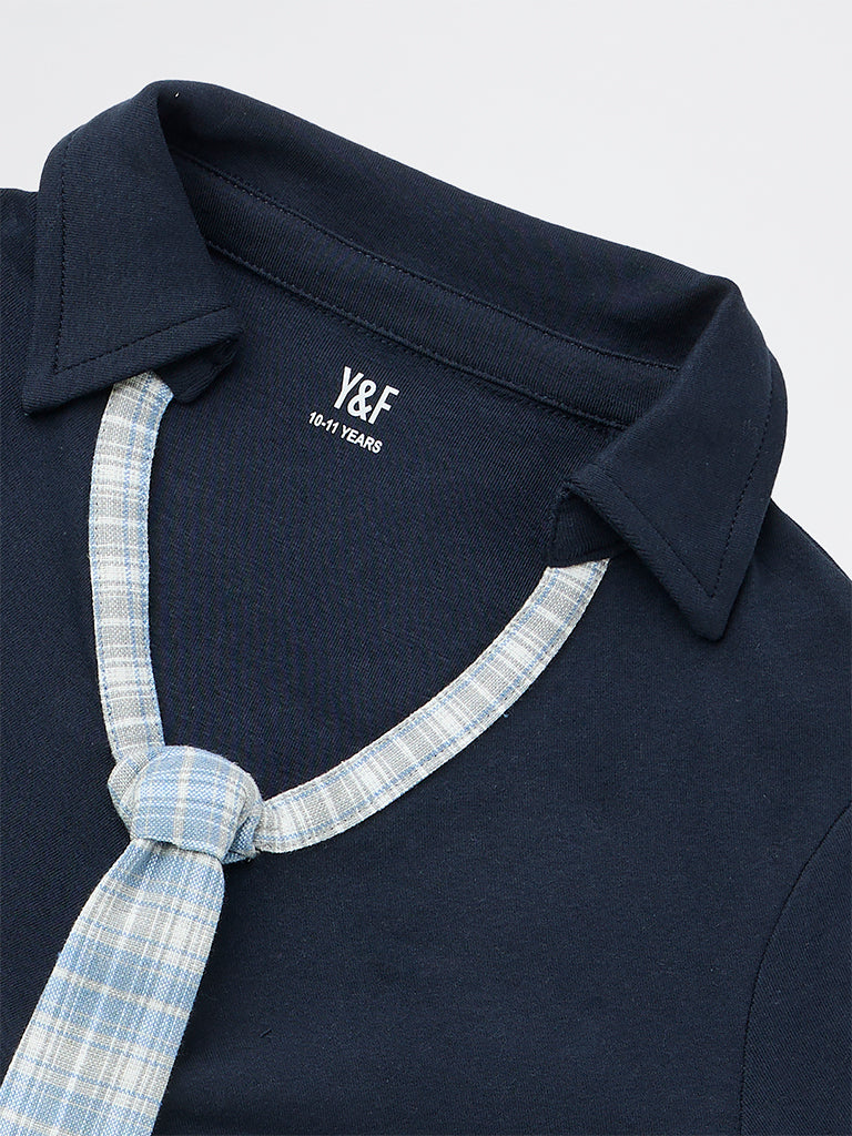 Y&F Kids Girls Navy Cotton-Blend Tie Detailed Top - Image 3