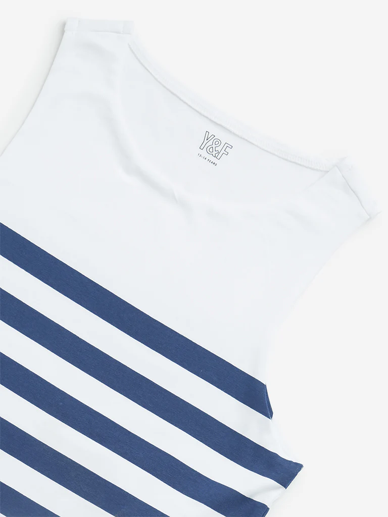 Y&F Kids Girls Navy Striped Cotton T-Shirt - Image 3