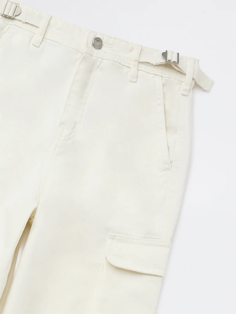 Y&F Kids Girls Off-White High-Rise Cotton Trousers - Image 3