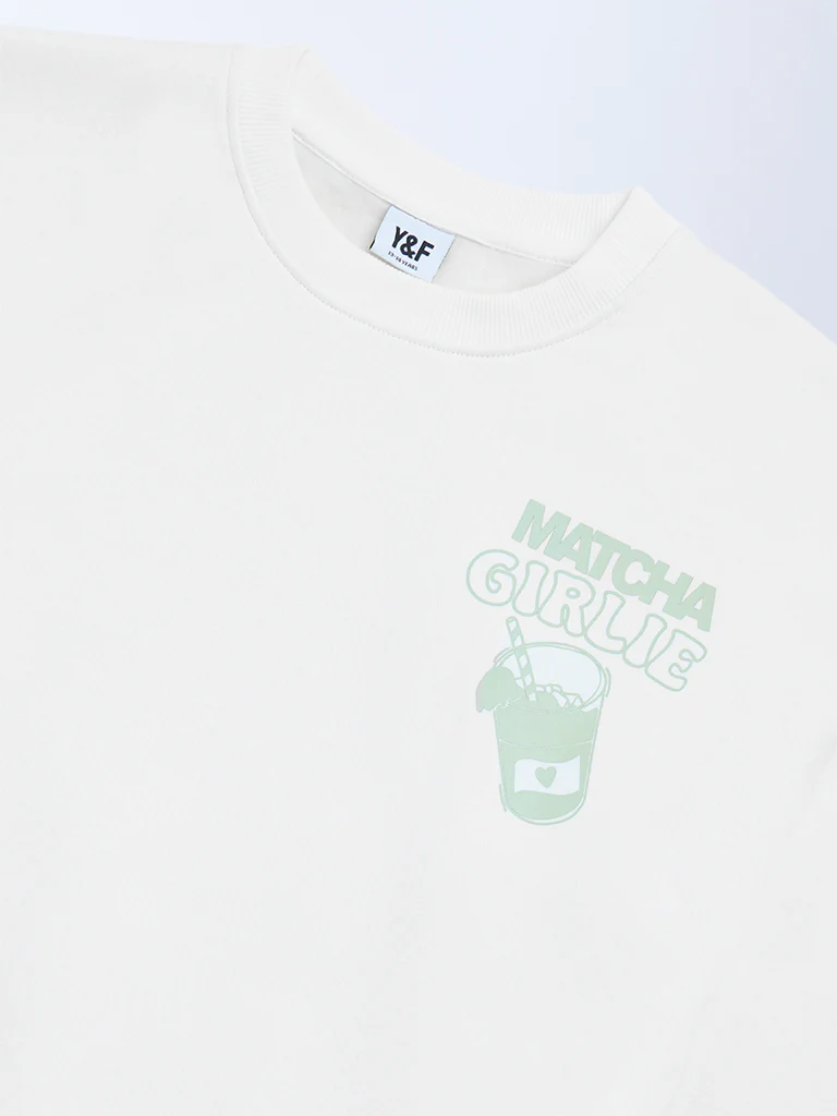 Y&F Kids Girls Off-White Printed Cotton-Blend Sweatshirt - Image 4