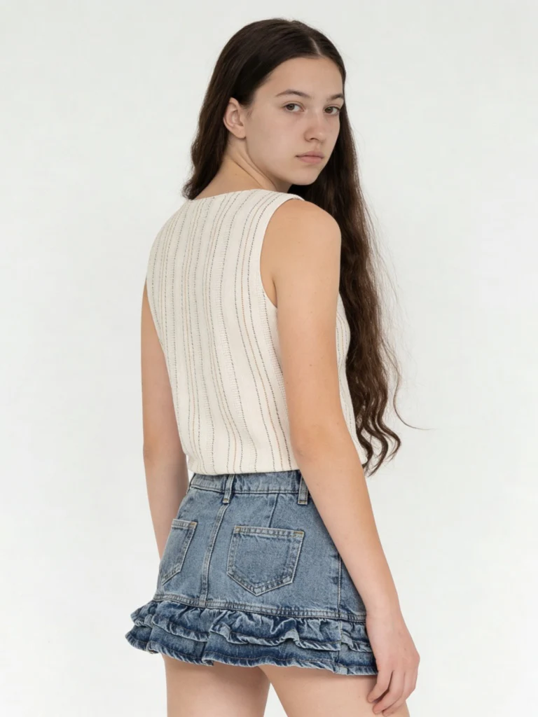 Y&F Kids Girls Off-White Striped Cotton-Blend Waistcoat - Image 3