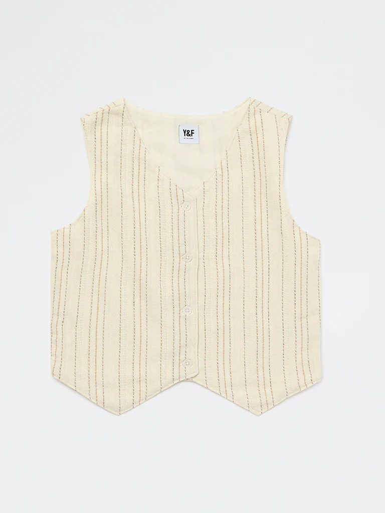 Y&F Kids Girls Off-White Striped Cotton-Blend Waistcoat - Image 4