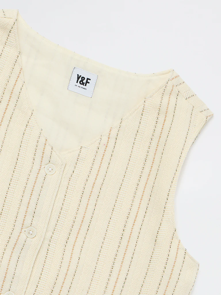 Y&F Kids Girls Off-White Striped Cotton-Blend Waistcoat - Image 6