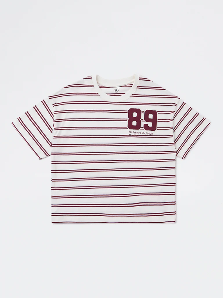Y&F Kids Girls Off-White Striped Cotton T-Shirt