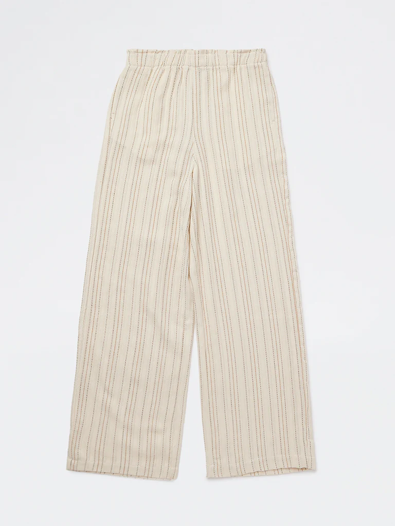Y&F Kids Girls Off-White Striped Mid-Rise Cotton-Blend Trousers