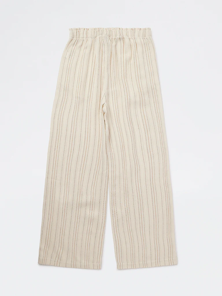 Y&F Kids Girls Off-White Striped Mid-Rise Cotton-Blend Trousers - Image 3