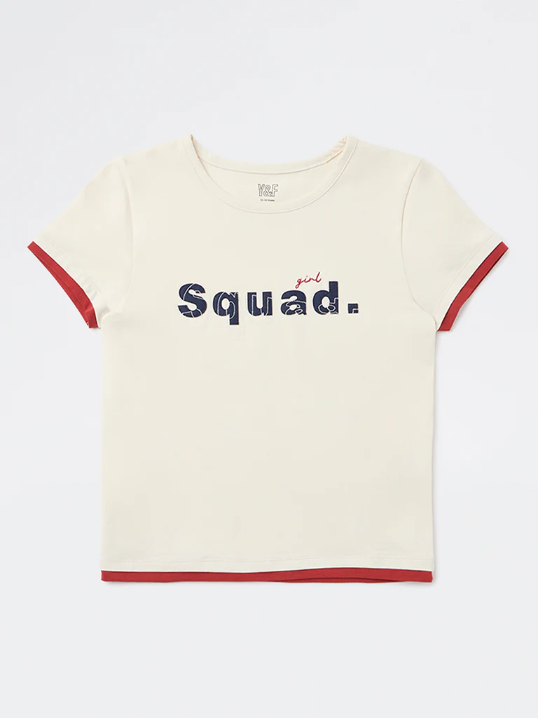 Y&F Kids Girls Off-White Text Design Cotton-Blend T-Shirt