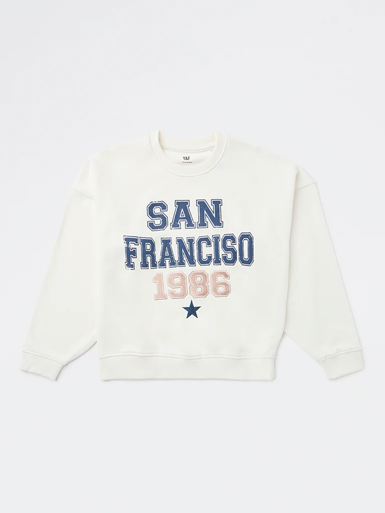 Y&F Kids Girls Off-White Text Printed Cotton-Blend Sweatshirt
