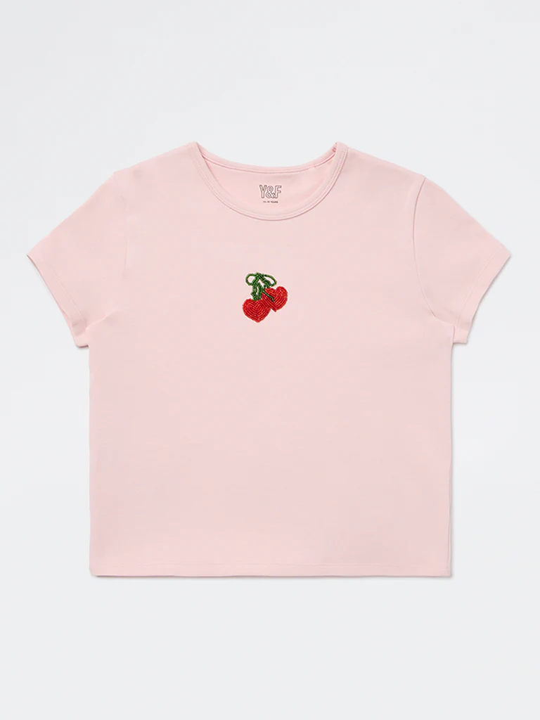 Y&F Kids Girls Pink Embellished Cotton-Blend T-Shirt