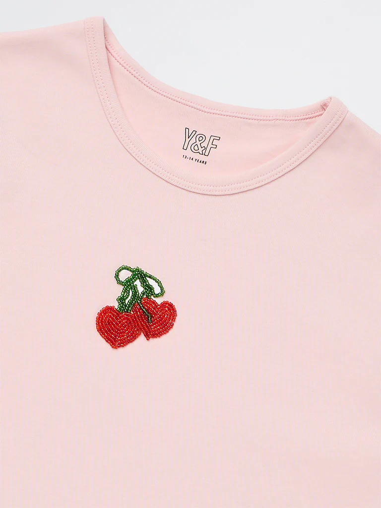 Y&F Kids Girls Pink Embellished Cotton-Blend T-Shirt - Image 4