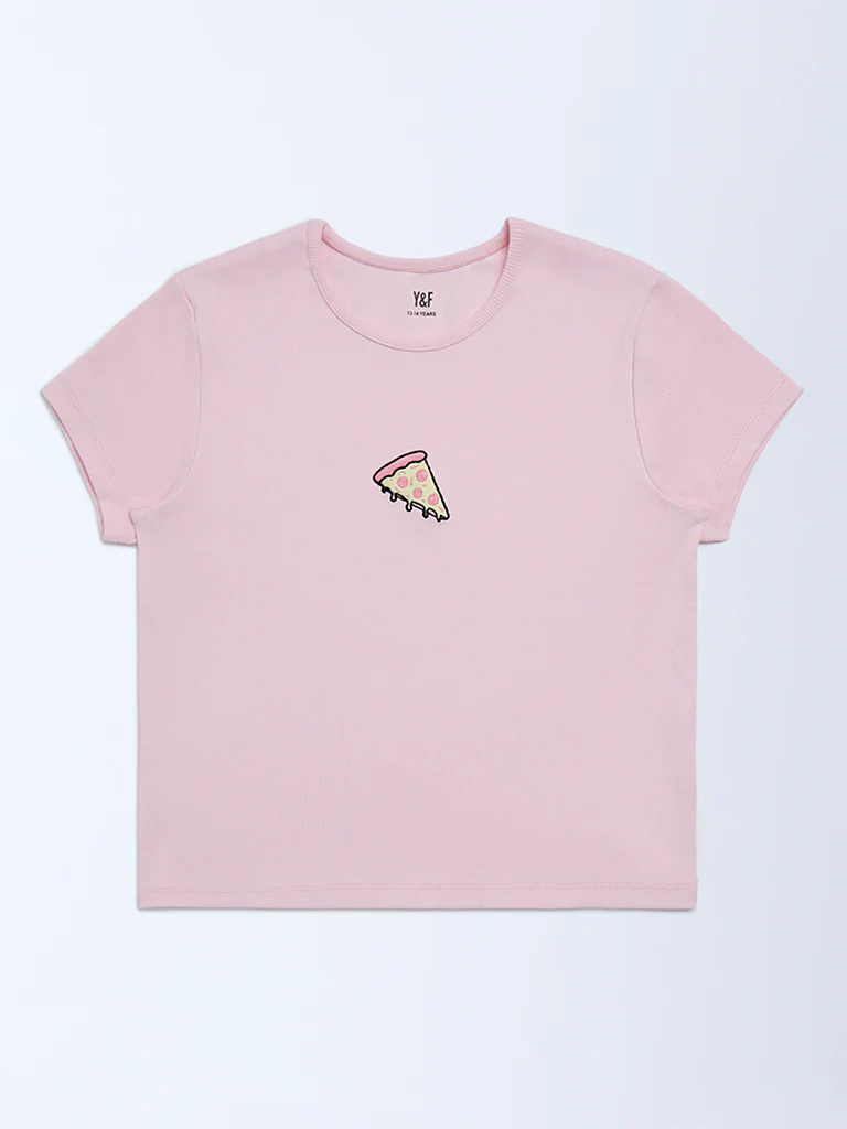 Y&F Kids Girls Pink Embroidered Cotton-Blend T-Shirt