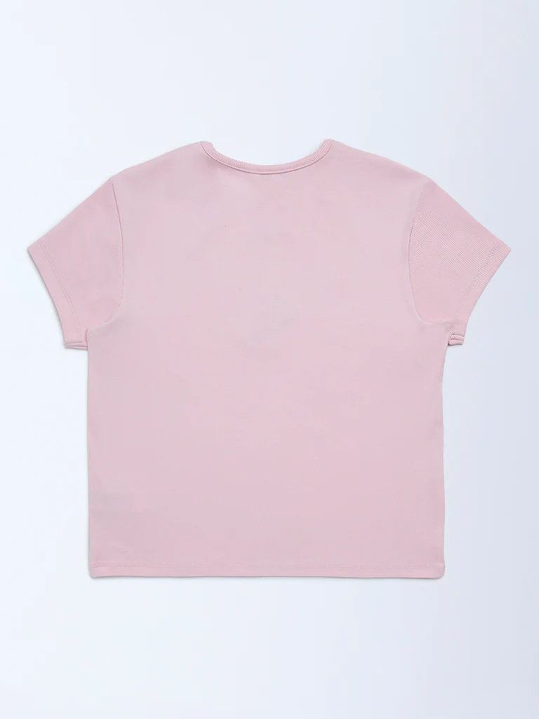Y&F Kids Girls Pink Embroidered Cotton-Blend T-Shirt - Image 3
