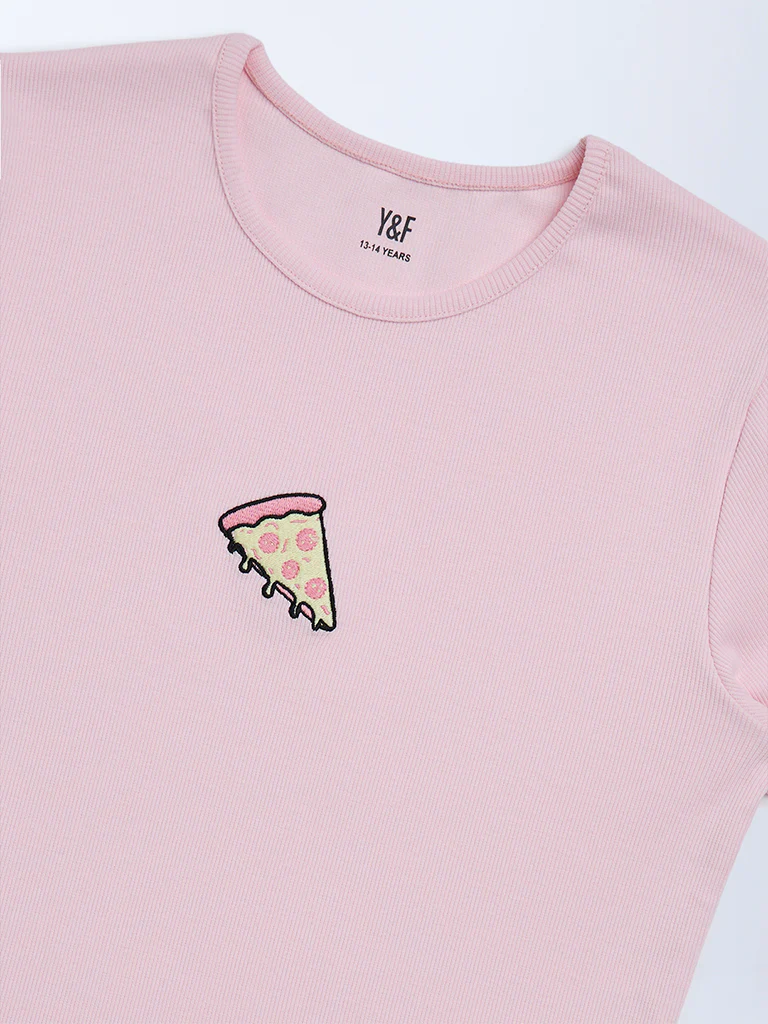 Y&F Kids Girls Pink Embroidered Cotton-Blend T-Shirt - Image 4