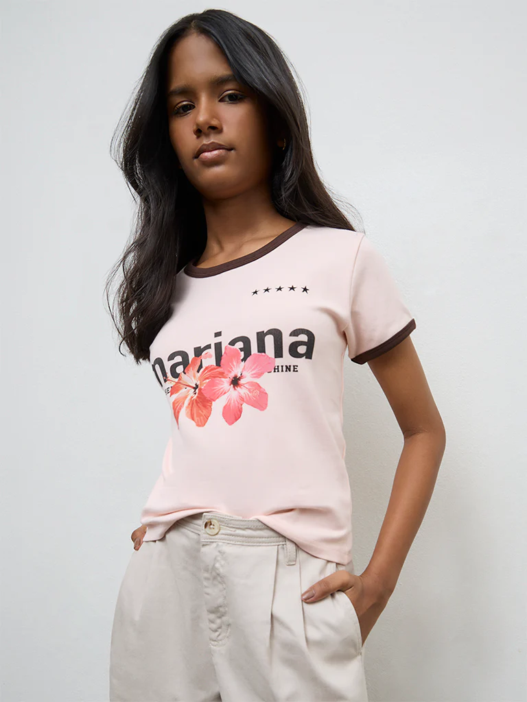 Y&F Kids Girls Pink Graphic Printed Cotton-Blend T-Shirt