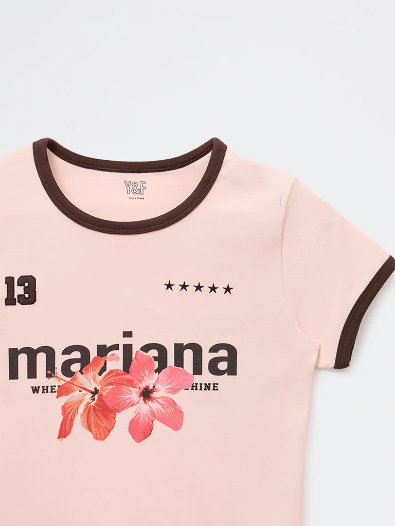 Y&F Kids Girls Pink Graphic Printed Cotton-Blend T-Shirt - Image 3