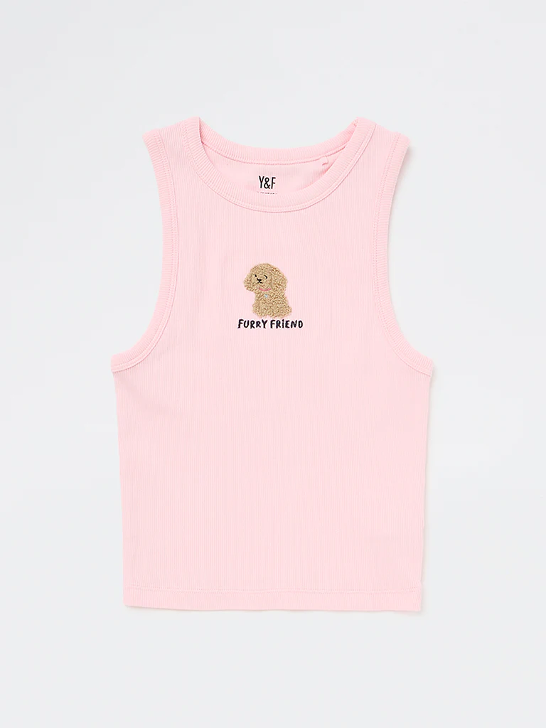 Y&F Kids Girls Pink Ribbed Cotton-Blend Top - Image 4