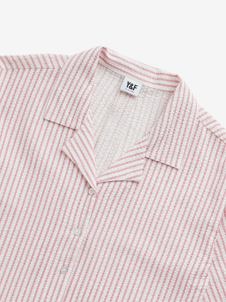 Y&F Kids Girls Pink Seersucker Striped Cotton Shirt - Image 4