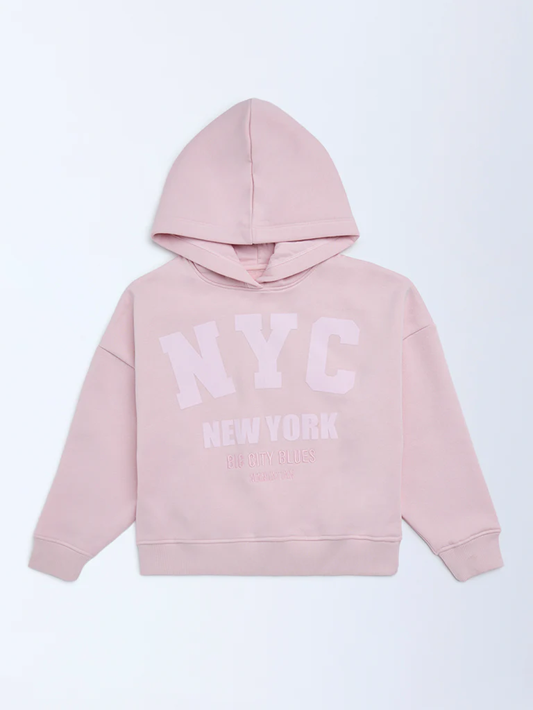 Y&F Kids Girls Pink Text Design Cotton-Blend Hoodie