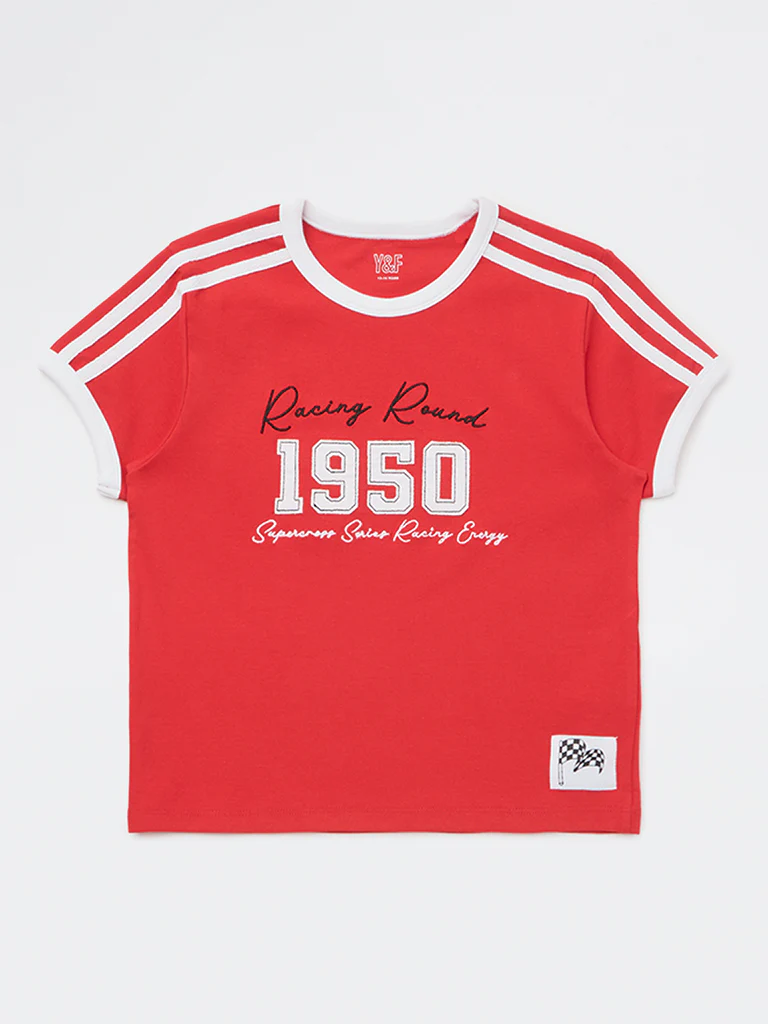 Y&F Kids Girls Red Text Design Cotton-Blend T-Shirt