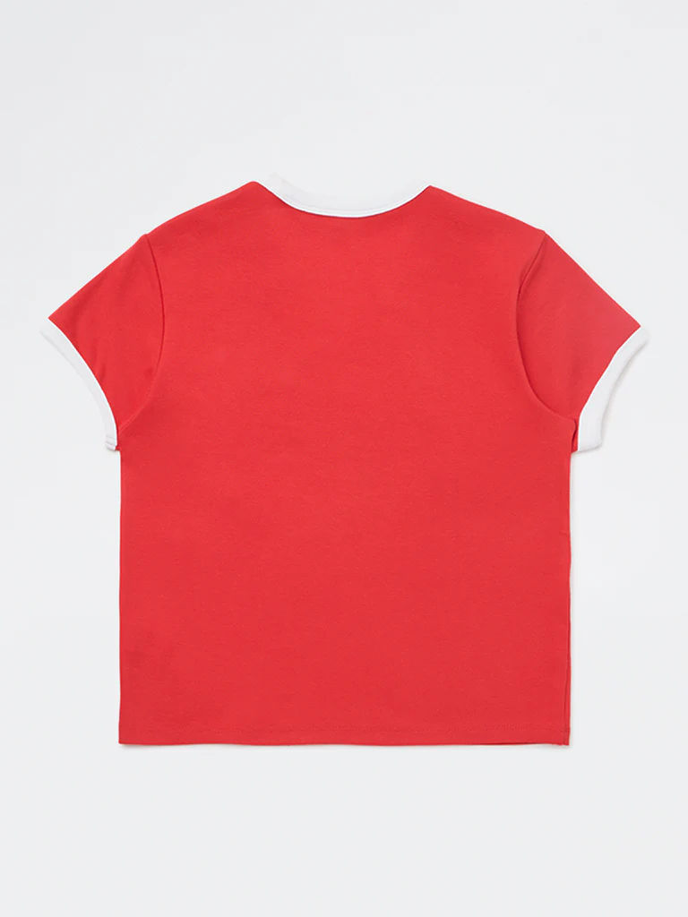 Y&F Kids Girls Red Text Design Cotton-Blend T-Shirt - Image 3