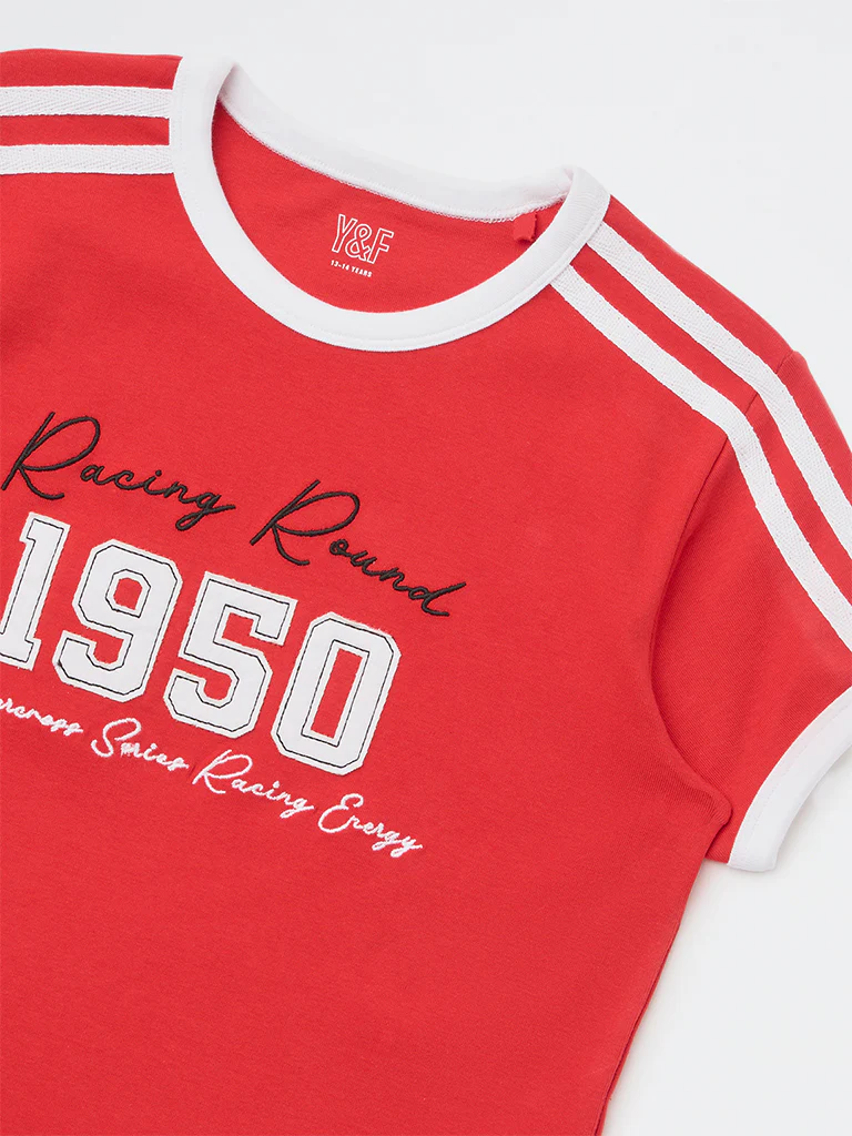 Y&F Kids Girls Red Text Design Cotton-Blend T-Shirt - Image 4
