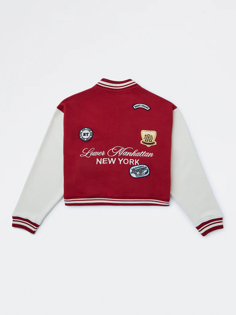 Y&F Kids Girls Red Text Detailed Cotton-Blend Varsity Jacket - Image 2