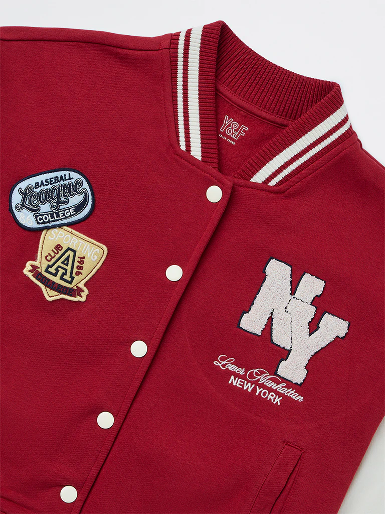 Y&F Kids Girls Red Text Detailed Cotton-Blend Varsity Jacket - Image 3