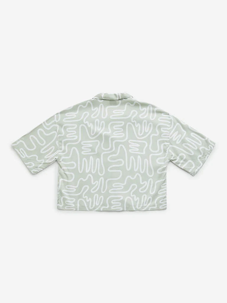 Y&F Kids Girls Sage Abstract Print Cotton-Blend Cropped Shirt - Image 3