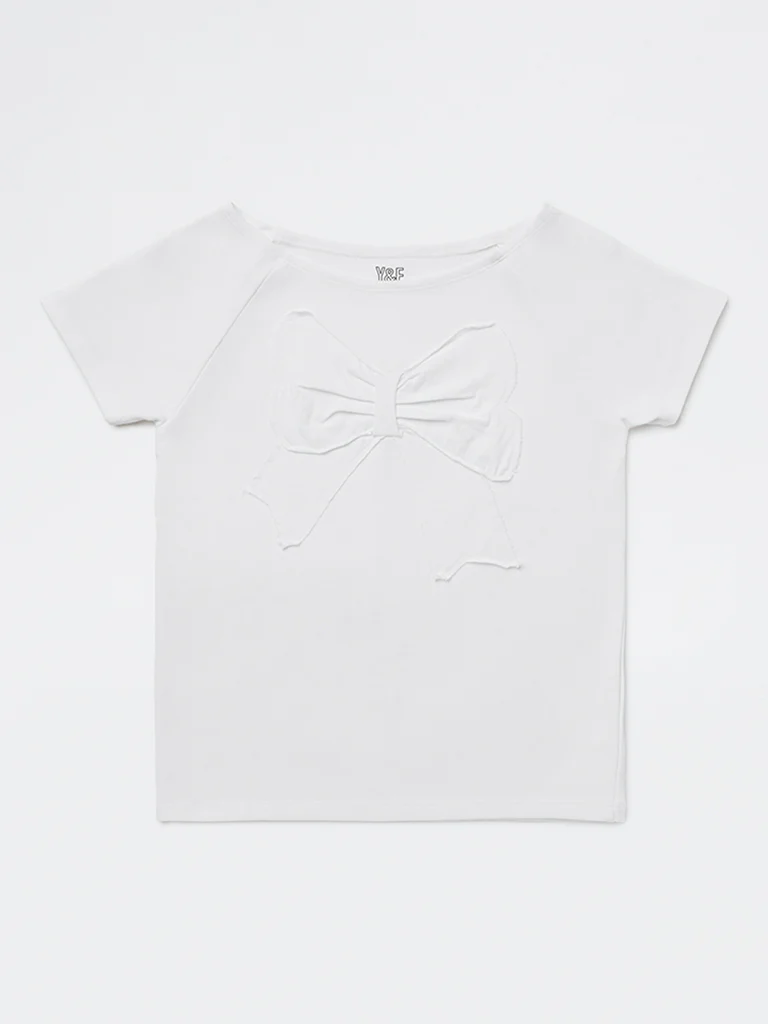 Y&F Kids Girls White Bow Detailed Cotton-Blend Top