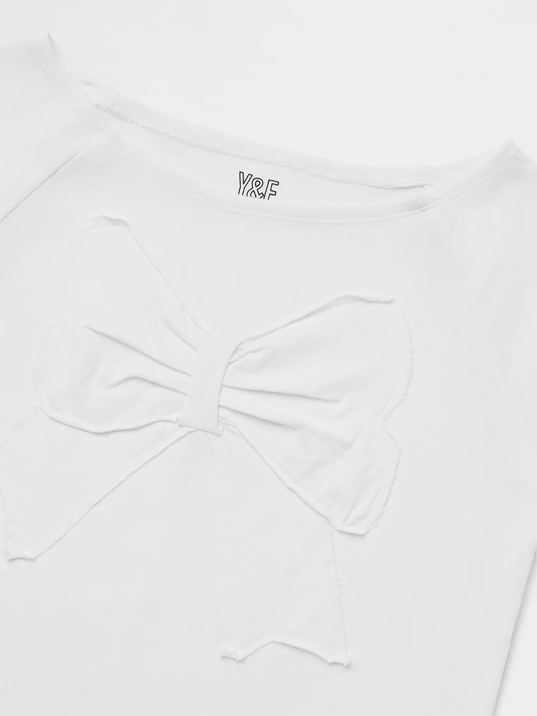 Y&F Kids Girls White Bow Detailed Cotton-Blend Top - Image 4