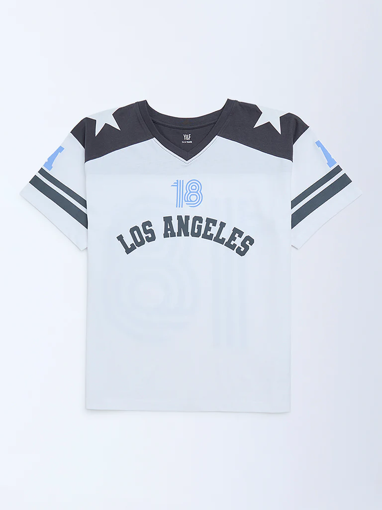 Y&F Kids Girls White Colour-Blocked Cotton T-Shirt