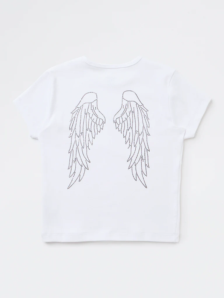 Y&F Kids Girls White Embellished Cotton-Blend T-Shirt - Image 2